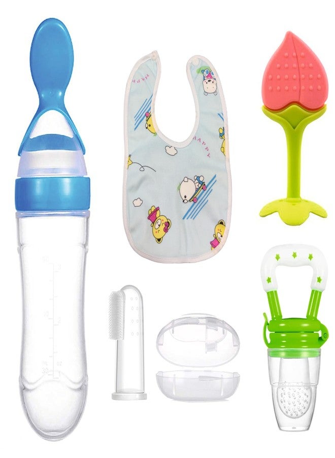 ROFORUF Baby Teething & Feeding Combo Pack | Silicone Spoon Bottle 90ml, Fruit Nibbler Pacifier, Fruit Shape Teether, Finger Toothbrush & Waterproof Baby Bib | BPA-Free Infant Essentials (Combo of 5 (1)) - Image 1