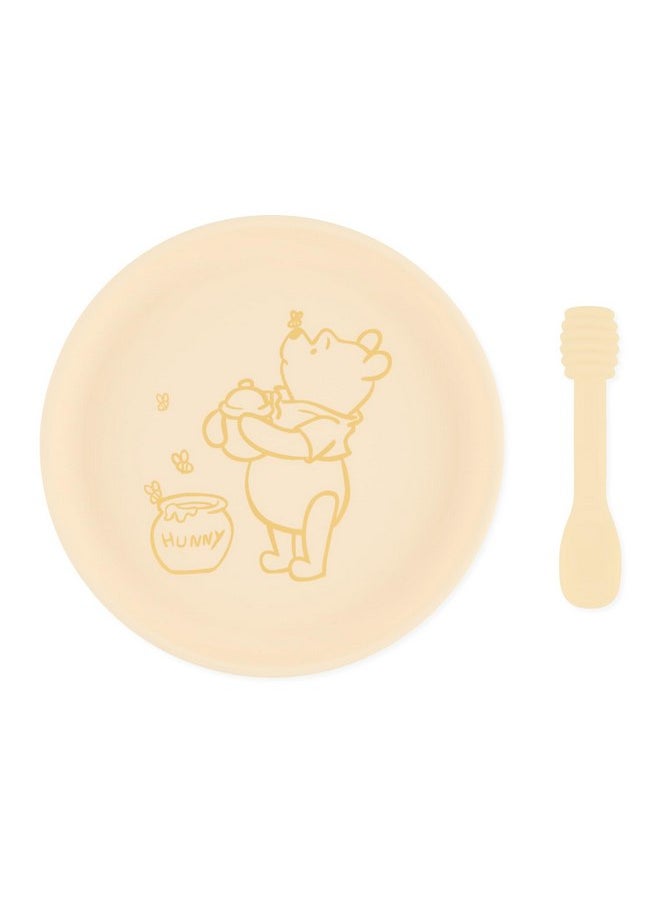 BUMKiNs Bumkins Disney Baby and Toddler Plate and Spoon Set, Silicone Dish for Babies and Kids, Baby Led Weaning, Children Feeding Supplies, Microwave Safe, Platinum Silicone, Ages 6 Months, Winnie the Pooh  - Image 1