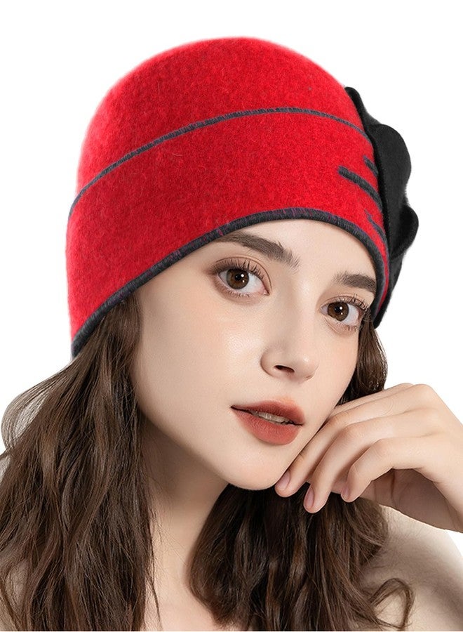 Sumolux Beanie Hats for Women Wool Beret Floral Cuffed Skull Cap French Vintage Dress Cloche Classic Winter 1920s Red Black - Image 3