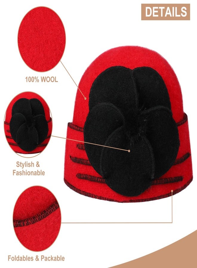 Sumolux Beanie Hats for Women Wool Beret Floral Cuffed Skull Cap French Vintage Dress Cloche Classic Winter 1920s Red Black - Image 4