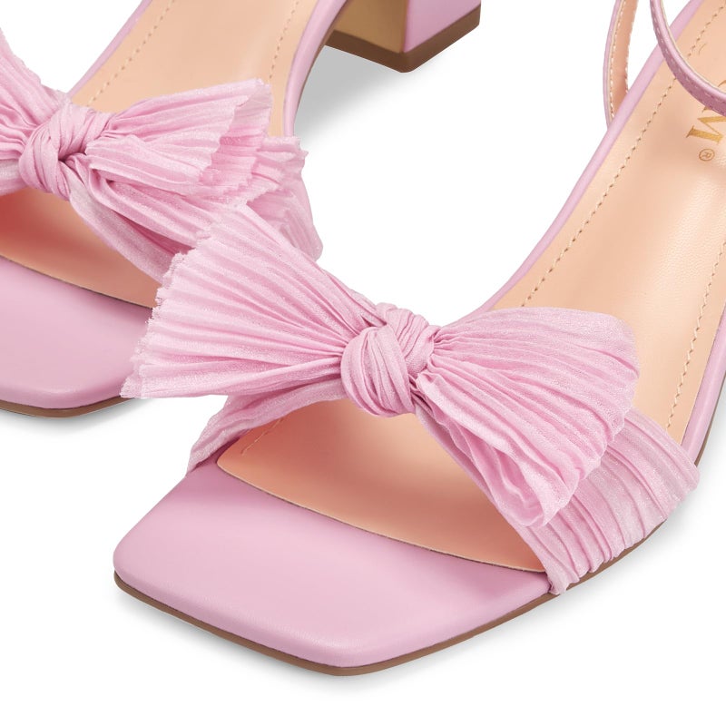 ISNOM Pink Heels for Women Bow Heels Ankle Buckle Strap Open Toe Block Chunky Heel Bride Wedding Party Fashion Bow Knot Heeled Sandals (Pink Size7.5) - Image 5