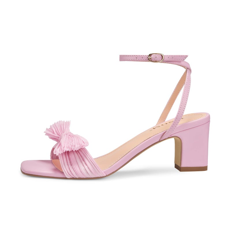 ISNOM Pink Heels for Women Bow Heels Ankle Buckle Strap Open Toe Block Chunky Heel Bride Wedding Party Fashion Bow Knot Heeled Sandals (Pink Size7.5) - Image 4