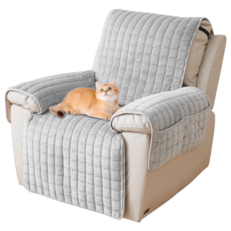 Lovehavren Plush Recliner Slipcover 23 Inches  Washable  Quilted Faux Wool Cover for Lazy Boy Chairs  Furniture with Side Pockets Large Recliner Chair Covers Safe for ChildrenPetsGray