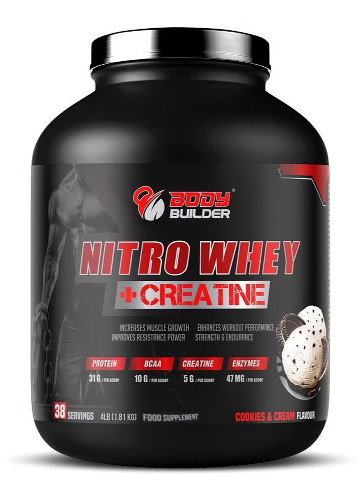 Body Builder Body Builder Nitro Whey Protein Plus Creatine, Contains Digestive Enzymes, Cookies and Cream Flavor, 4 Lb - Image 1