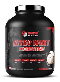 Body Builder Nitro Whey Protein Plus Creatine, Contains Digestive Enzymes, Cookies and Cream Flavor, 4 Lb
