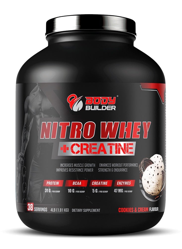 Body Builder Body Builder Nitro Whey Protein Plus Creatine, Contains Digestive Enzymes, Cookies and Cream Flavor, 4 Lb  - Image 1