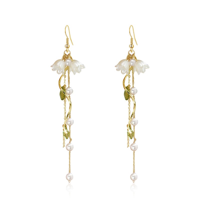 Aishgjia Dangle Flower Leaf Earring White Fairy Flower Earrings Summer Dangling Long Tassel Earrings Lily Of The Valley Earrings Jewelry (Ear Hook) - Image 1