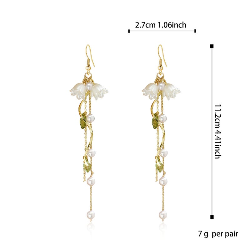 Aishgjia Dangle Flower Leaf Earring White Fairy Flower Earrings Summer Dangling Long Tassel Earrings Lily Of The Valley Earrings Jewelry (Ear Hook) - Image 5