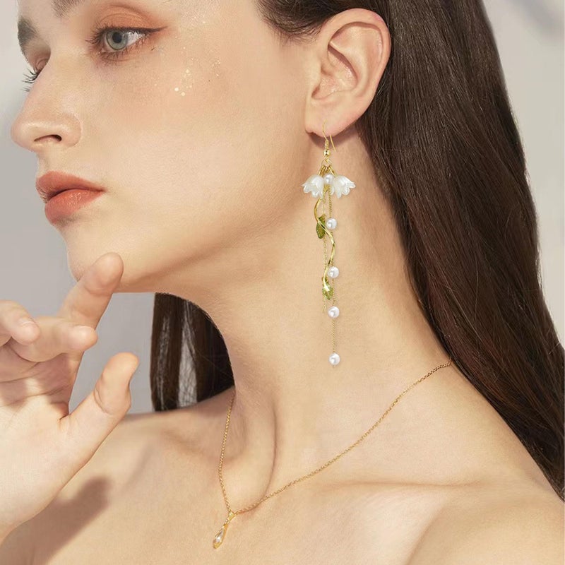 Aishgjia Dangle Flower Leaf Earring White Fairy Flower Earrings Summer Dangling Long Tassel Earrings Lily Of The Valley Earrings Jewelry (Ear Hook) - Image 3