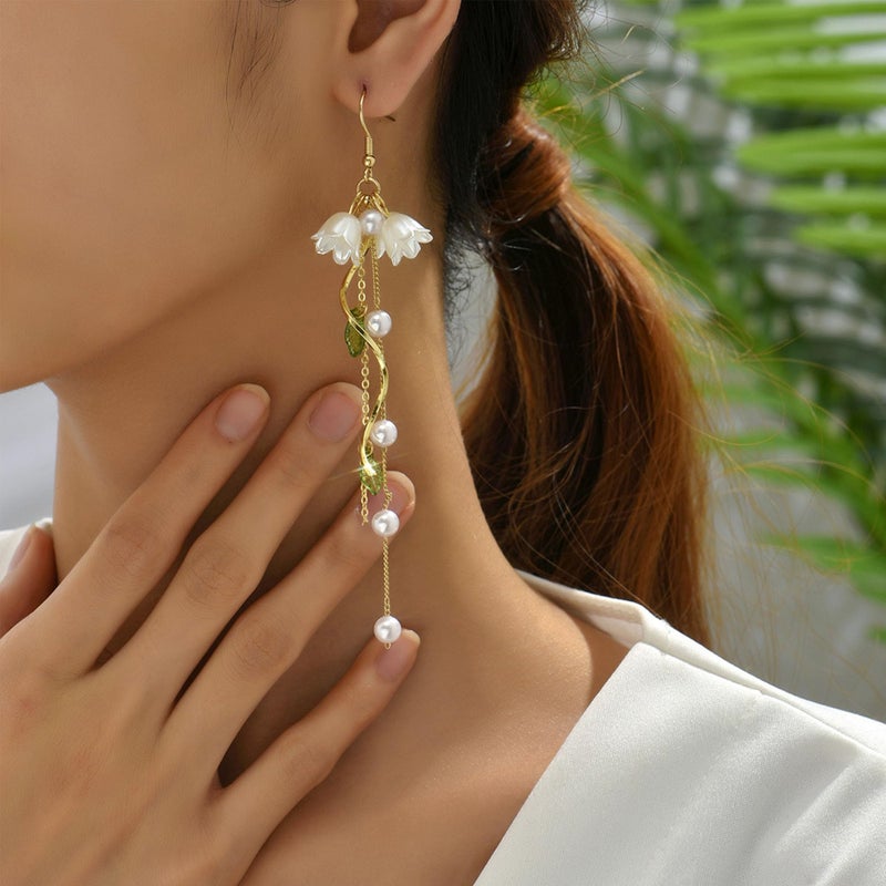 Aishgjia Dangle Flower Leaf Earring White Fairy Flower Earrings Summer Dangling Long Tassel Earrings Lily Of The Valley Earrings Jewelry (Ear Hook) - Image 4