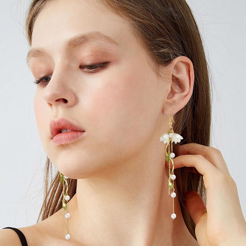 Aishgjia Dangle Flower Leaf Earring White Fairy Flower Earrings Summer Dangling Long Tassel Earrings Lily Of The Valley Earrings Jewelry (Ear Hook) - Image 2