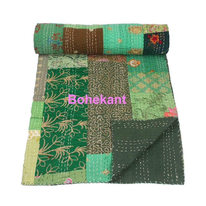 BOHEKANT Handicraft Silk Kantha Khambadiya Mix Patch Work Quilt Kantha Bed Cover Kantha Blanket Throw Handmade Kantha Bedspread04 Twin - Image 3