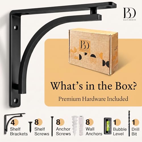Balin Designs Classic Black Heavy Duty Shelf Brackets 10 inch by Balin Designs – L Bracket, Wall Mounted Support, Shelving Metal Bracket, Decorative Shelf Brackets, with Hardware Included, Set of 4 - Image 4