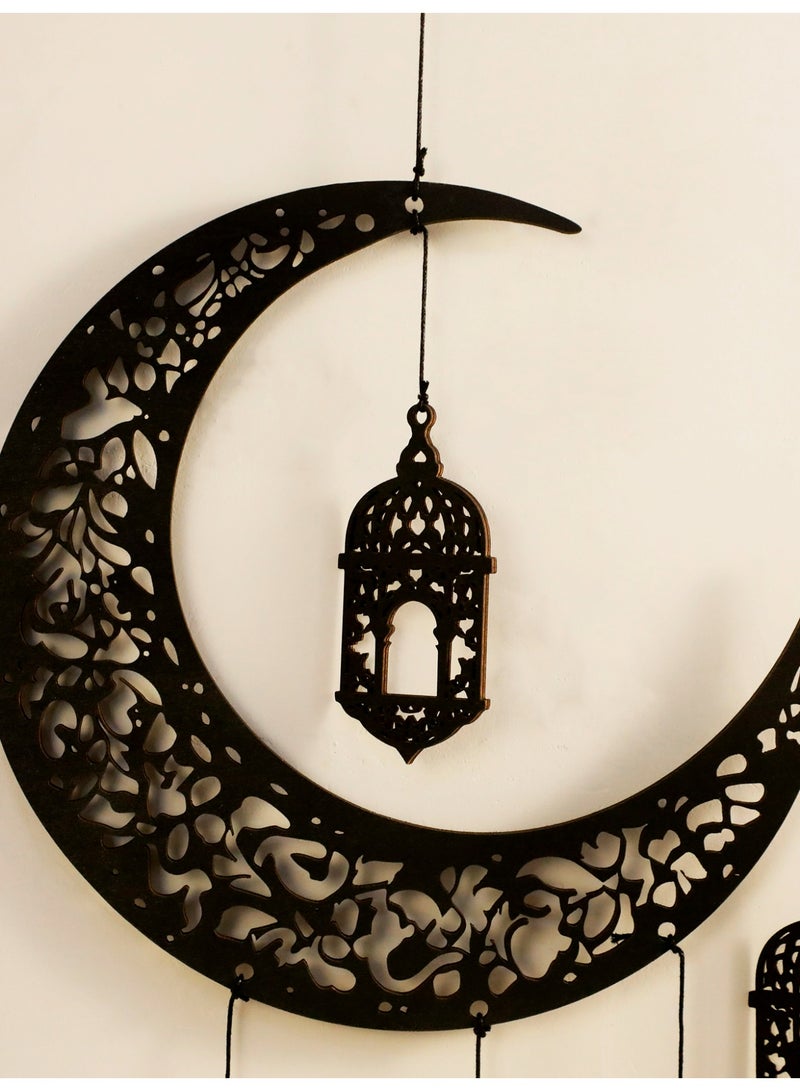 1pc Natural Wood Crescent Moon Lantern Wall Hanging Islamic Home Decoration Ramadan Kareem Eid Mubarak Decor Arabic Style Wooden Moon & Lantern Ornament Arabesque Wall Art Ramadan Home Styling Living Room Bedroom Entryway Festival Gift - Image 4