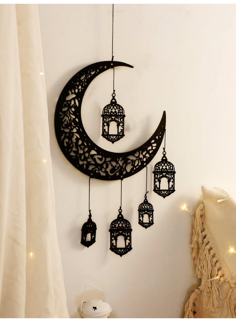 1pc Natural Wood Crescent Moon Lantern Wall Hanging Islamic Home Decoration Ramadan Kareem Eid Mubarak Decor Arabic Style Wooden Moon & Lantern Ornament Arabesque Wall Art Ramadan Home Styling Living Room Bedroom Entryway Festival Gift - Image 2