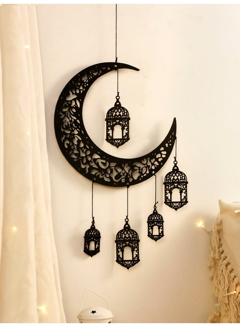 1pc Natural Wood Crescent Moon Lantern Wall Hanging Islamic Home Decoration Ramadan Kareem Eid Mubarak Decor Arabic Style Wooden Moon & Lantern Ornament Arabesque Wall Art Ramadan Home Styling Living Room Bedroom Entryway Festival Gift - Image 1