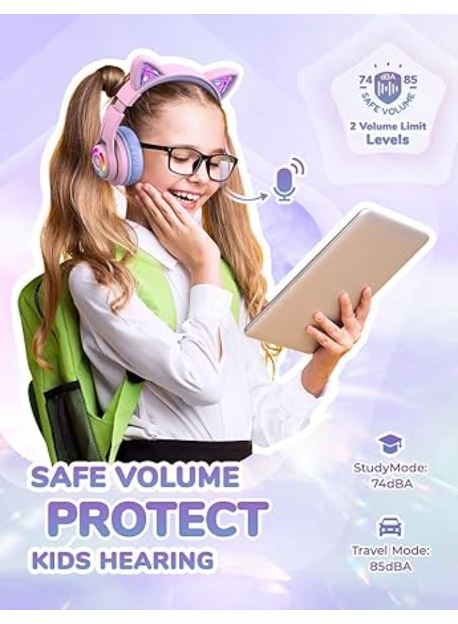 iClever BTH13 Bluetooth Kids Headphones, Cat Ear LED Light Up Wireless Kids Headphones with Volume Limited (74/85dBA), 50H Playtime, Children Headphones with MIC Over Ear - Image 3