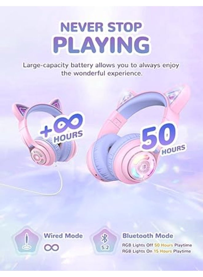 iClever BTH13 Bluetooth Kids Headphones, Cat Ear LED Light Up Wireless Kids Headphones with Volume Limited (74/85dBA), 50H Playtime, Children Headphones with MIC Over Ear - Image 2