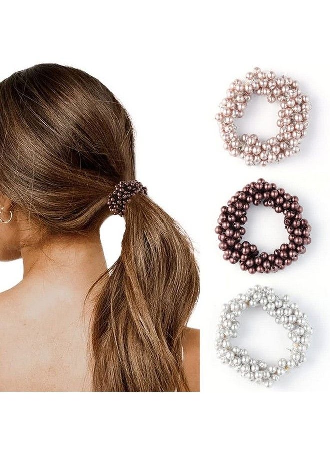 Brinie - Pearl Hair Ties Gray Elastic Hair Scrunchies Stretchy Hair Bands Bead Hair Ropes Hair Accessories For Women And Girls (Pack Of 3) - Image 1
