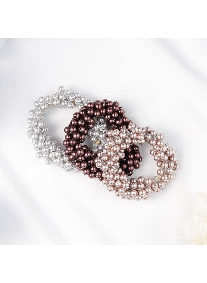 Brinie - Pearl Hair Ties Gray Elastic Hair Scrunchies Stretchy Hair Bands Bead Hair Ropes Hair Accessories For Women And Girls (Pack Of 3) - Image 1