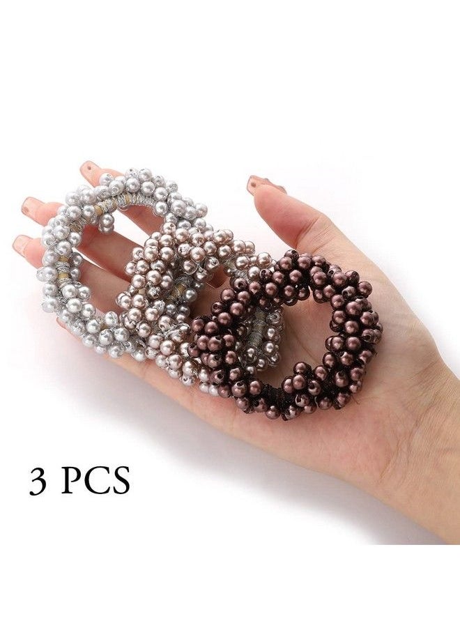 Brinie - Pearl Hair Ties Gray Elastic Hair Scrunchies Stretchy Hair Bands Bead Hair Ropes Hair Accessories For Women And Girls (Pack Of 3) - Image 1