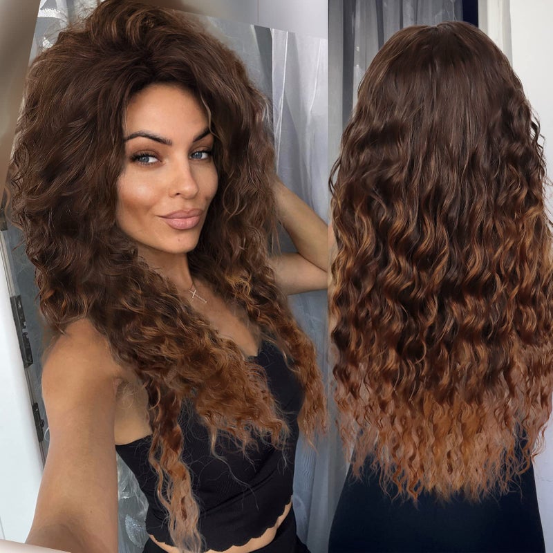 GNIMEGIL Natural Brown Wigs Long Curly Wavy Wig for Women Loose Wave Layered Hair Heat Resistant Synthetic Wig Halloween Wigs for Daily Carnival Party