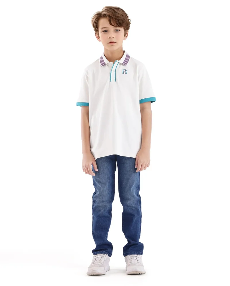 Rare Ones Rare Ones Kids Jef White Cotton Short Sleeve Contrasting Collar Embroidered Polo