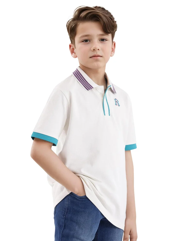 Rare Ones Rare Ones Kids Jef White Cotton Short Sleeve Contrasting Collar Embroidered Polo