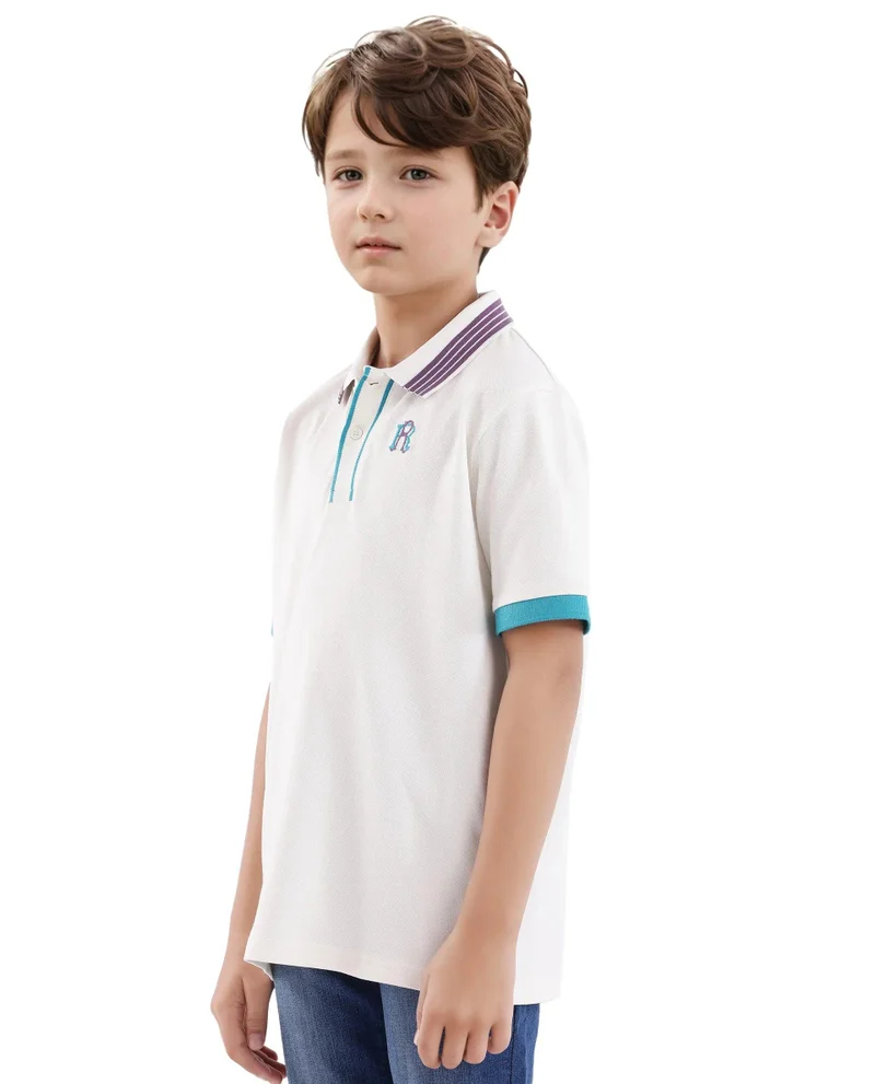 Rare Ones Rare Ones Kids Jef White Cotton Short Sleeve Contrasting Collar Embroidered Polo