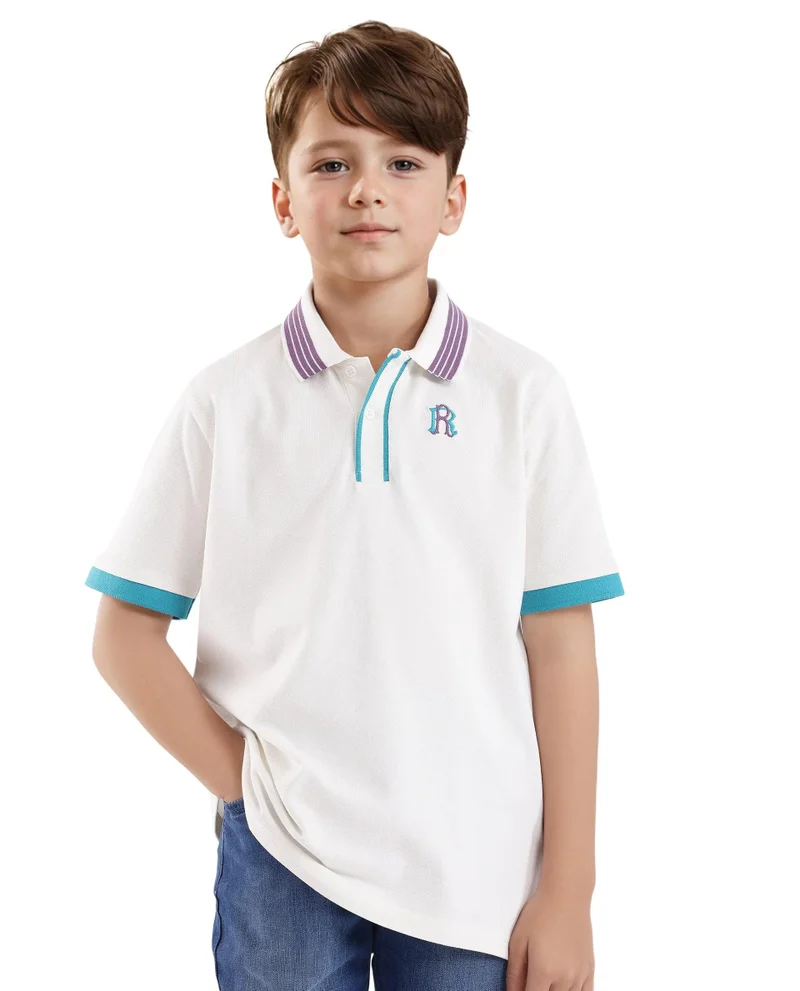 Rare Ones Rare Ones Kids Jef White Cotton Short Sleeve Contrasting Collar Embroidered Polo