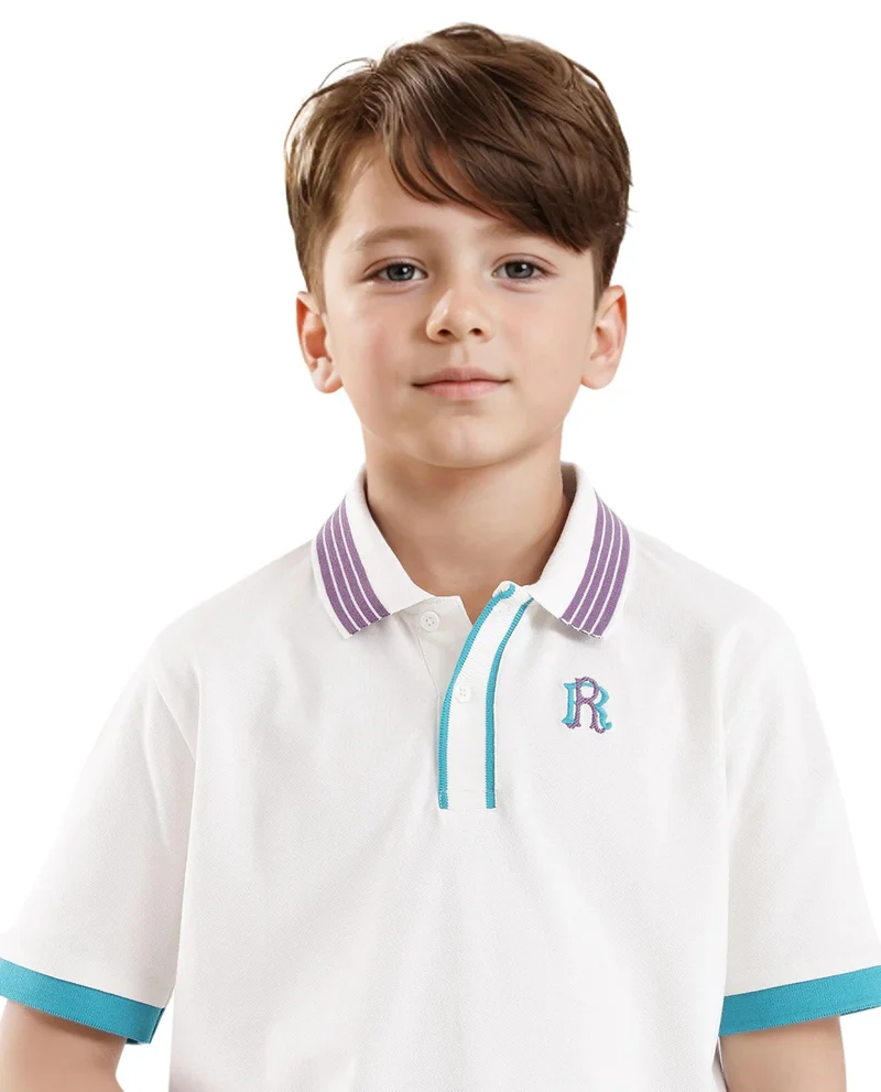 Rare Ones Rare Ones Kids Jef White Cotton Short Sleeve Contrasting Collar Embroidered Polo