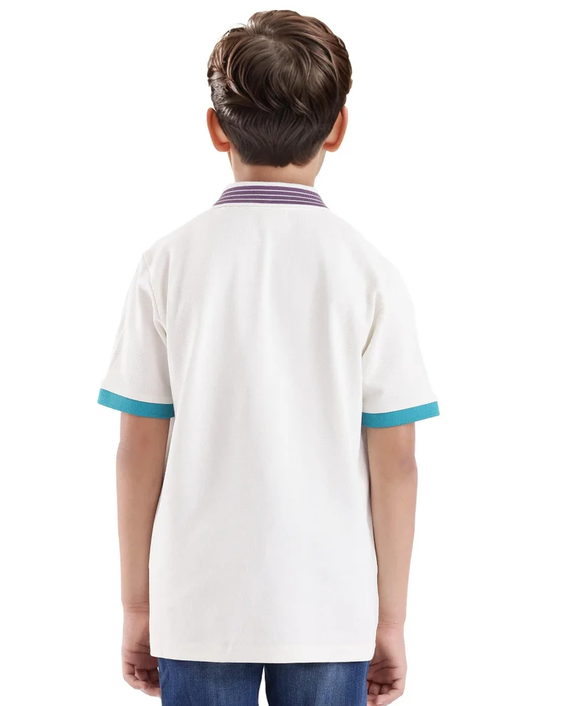 Rare Ones Rare Ones Kids Jef White Cotton Short Sleeve Contrasting Collar Embroidered Polo