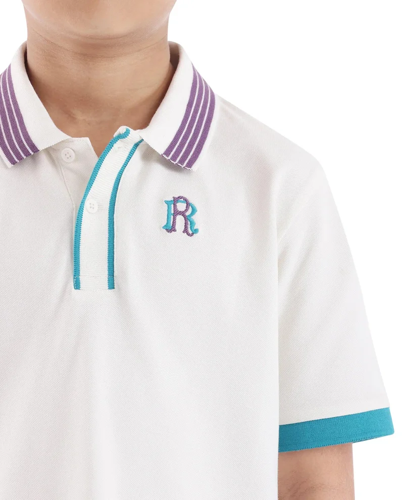Rare Ones Rare Ones Kids Jef White Cotton Short Sleeve Contrasting Collar Embroidered Polo