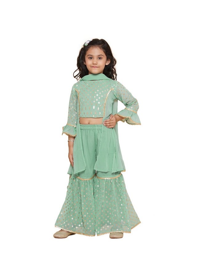 AJ Dezines - AJ DEZINES Georgette Kids Ethnic Wear Foil Printed Panelled Green Kurta Sharara Set For Girls With Dupatta (G-1094-Green-24), 4-5 Years - Image 1