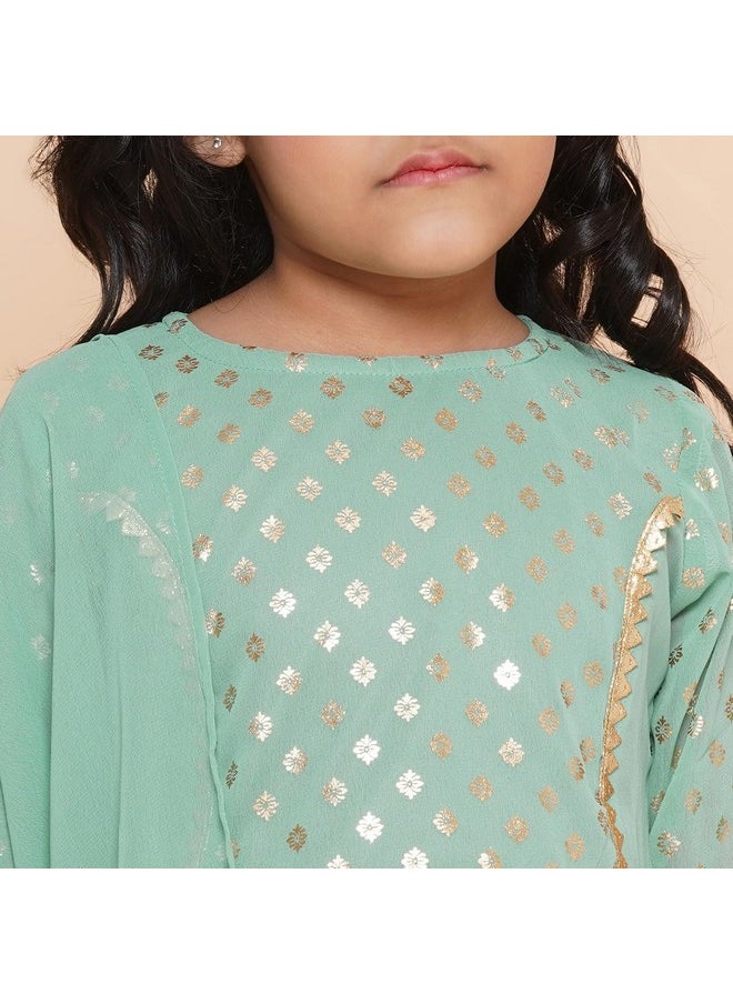 AJ Dezines - AJ DEZINES Georgette Kids Ethnic Wear Foil Printed Panelled Green Kurta Sharara Set For Girls With Dupatta (G-1094-Green-24), 4-5 Years - Image 1