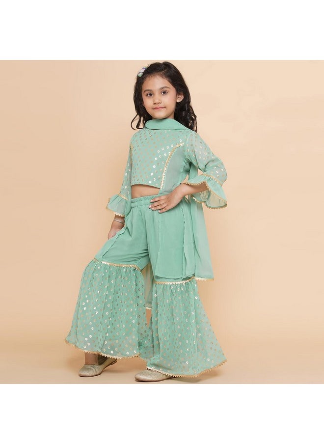 AJ Dezines - AJ DEZINES Georgette Kids Ethnic Wear Foil Printed Panelled Green Kurta Sharara Set For Girls With Dupatta (G-1094-Green-24), 4-5 Years - Image 1