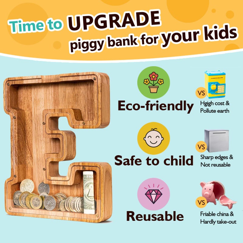 SummiDate Wooden Letter Piggy Bank for Kids| Piggy Bank for Boys Girls Toddler| Alphabet E Money Bank| Personalized Initial Wood Coin Bank Birthday for Kids (E) - Image 5