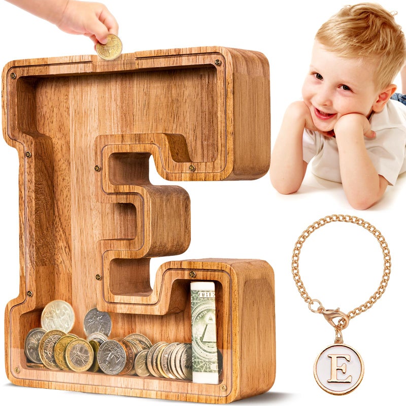 SummiDate Wooden Letter Piggy Bank for Kids| Piggy Bank for Boys Girls Toddler| Alphabet E Money Bank| Personalized Initial Wood Coin Bank Birthday for Kids (E) - Image 1