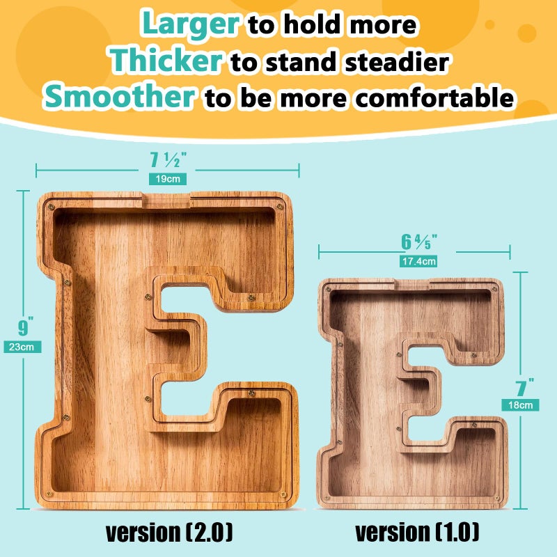SummiDate Wooden Letter Piggy Bank for Kids| Piggy Bank for Boys Girls Toddler| Alphabet E Money Bank| Personalized Initial Wood Coin Bank Birthday for Kids (E) - Image 4