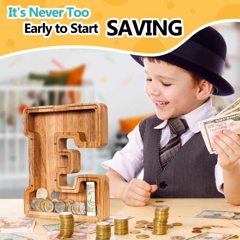 SummiDate Wooden Letter Piggy Bank for Kids| Piggy Bank for Boys Girls Toddler| Alphabet E Money Bank| Personalized Initial Wood Coin Bank Birthday for Kids (E) - Image 2