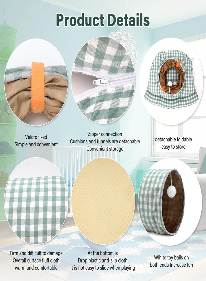 BWOGUE Bunny Tunnel Bed, 2-in-1 Collapsible Tunnel Tubes Toys with Removable Mat Hideout for Cats Kittens Rabbits Guinea Pigs Kitty (GreenPlaid) - Image 3