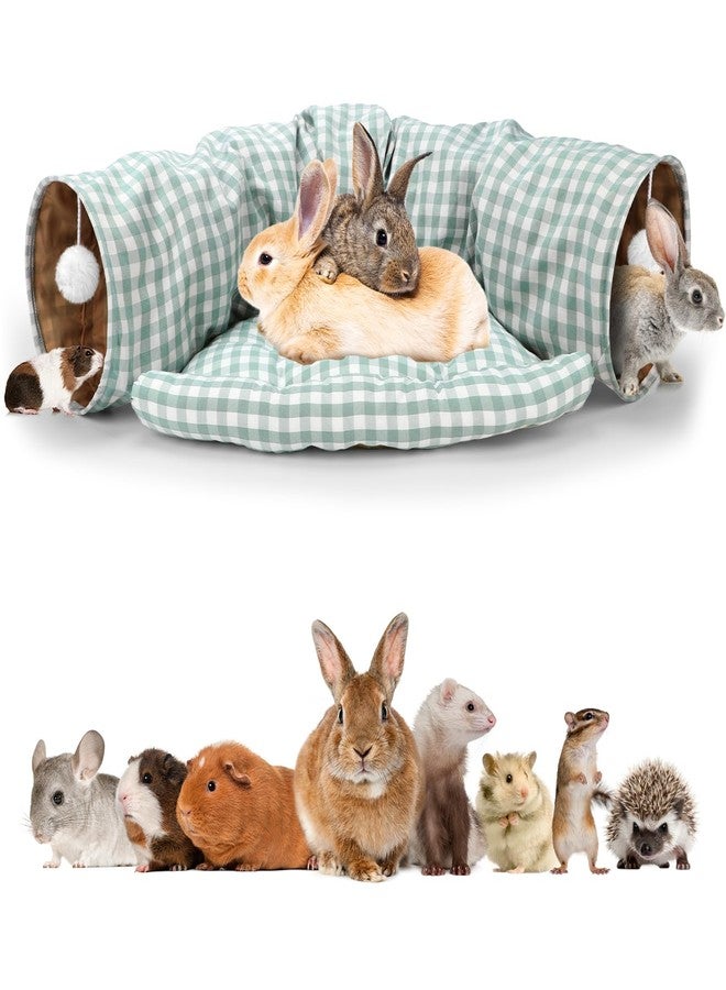 BWOGUE Bunny Tunnel Bed, 2-in-1 Collapsible Tunnel Tubes Toys with Removable Mat Hideout for Cats Kittens Rabbits Guinea Pigs Kitty (GreenPlaid) - Image 1