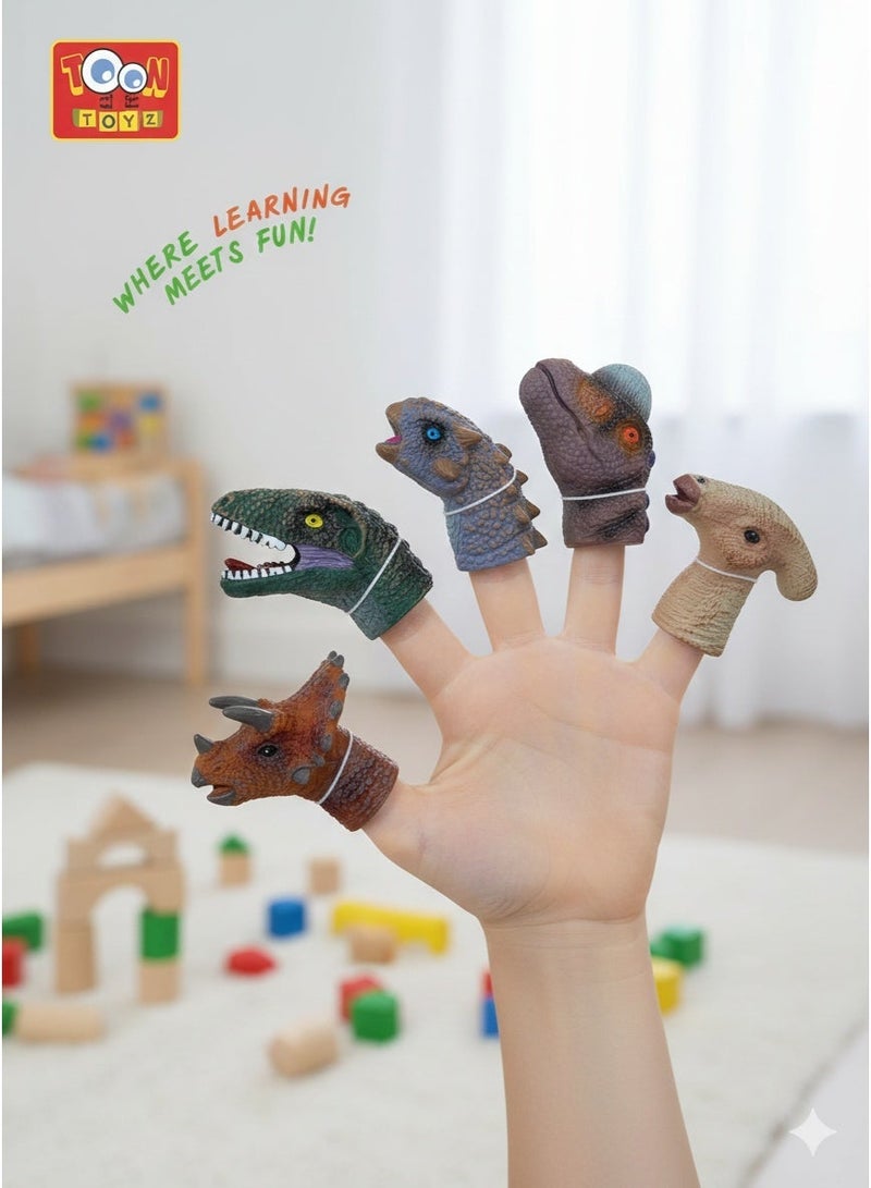 Toon Toyz 5-Piece Realistic Dinosaur Finger Puppets Set - Soft Rubber Jurassic Toys for Kids - Image 2
