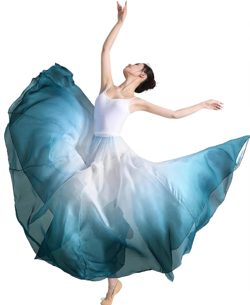 ORIDOOR 720 35" Long Women's Fairy Lyrical Dance Skirt Gradient Color Chiffon Swing Skirt Ballet Modren Dance Costume (A Gradient Cyan) â€¦ - Image 1