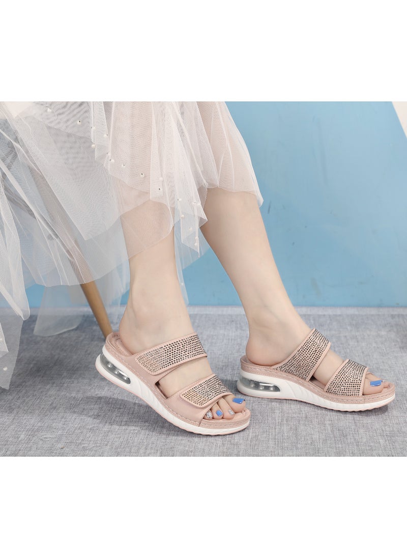 SIKETU Casual air cushion bottom plus size car stitched wedge heel comfortable rhinestone sandals Pink  - Image 2