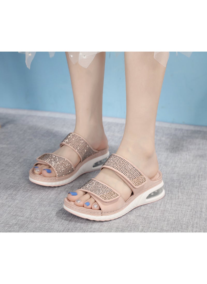 SIKETU Casual air cushion bottom plus size car stitched wedge heel comfortable rhinestone sandals Pink  - Image 1