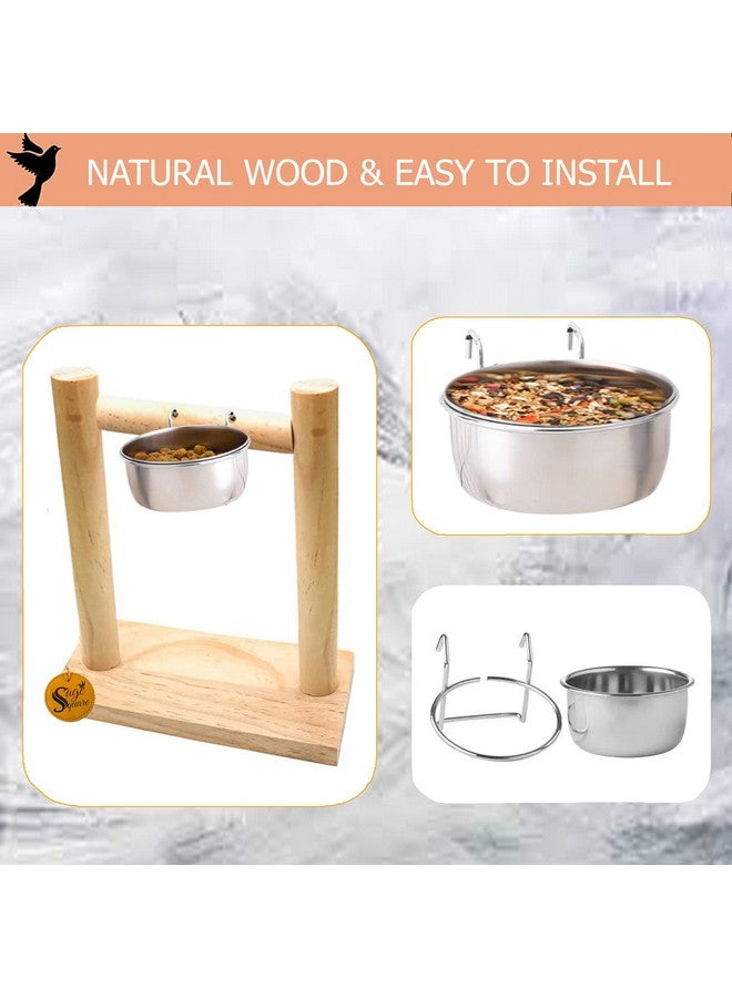 سايج سكوير حامل خشبي للطيور مع وعاء من الفولاذ المقاوم للصدأ، ملحقات القفص، تدريب مثالي، أوعية طعام وماء للببغاوات والمكاو والرمادي الأفريقي والبادجي والببغاوات الكوكتيل - Image 4