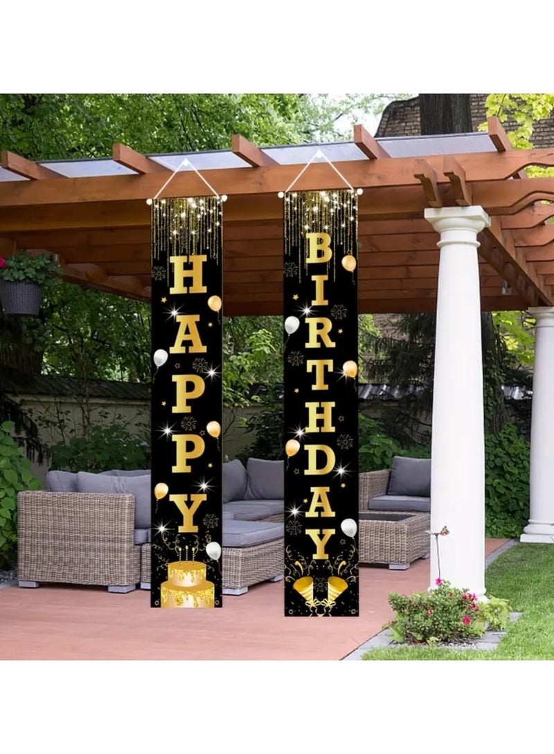 LDQ 2D Door Banner, 1 Pair Black Golden Birthday Decoration For Women, Men, Happy Birthday Porch Sign Party Supplies, Birthday Decoration Indoor Outdoor - Image 1