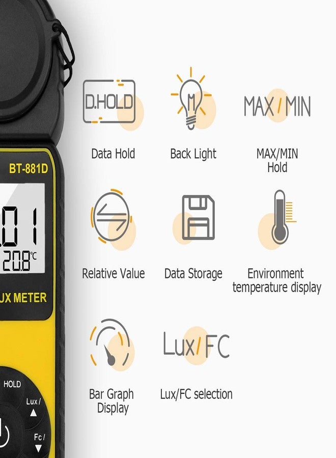 BTMETER BT-881D Digital Illuminance Light Meter, Measure Lights 0.01~400,000 Lux (0.01~40,000 FC) Foot Candles Luxmeter with 270º Rotated Sensor for Plants LED Lights Indoor Outdoor Light Tester - Image 5
