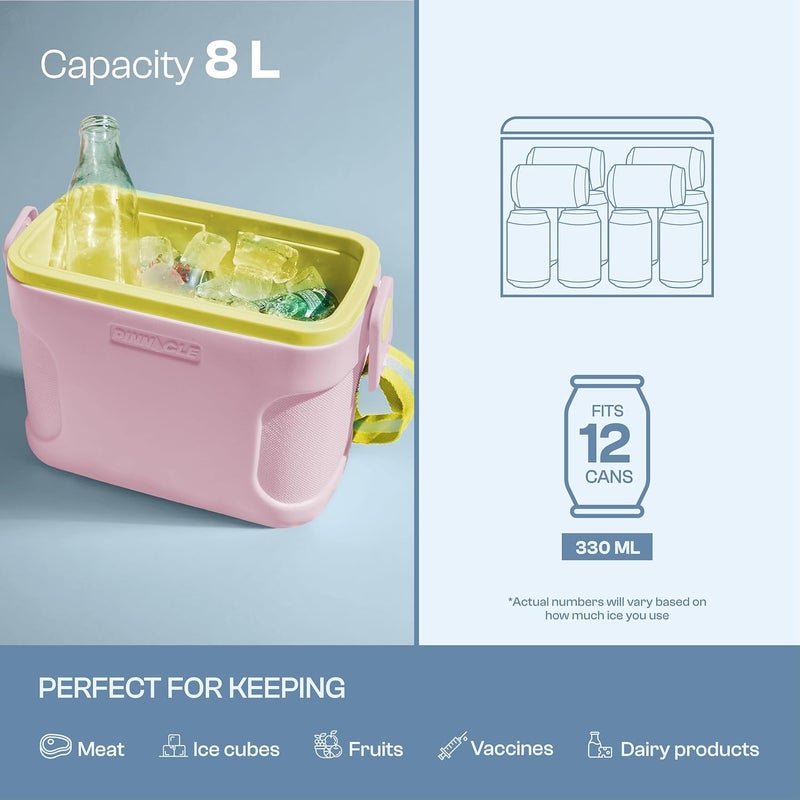 PINNACLE صندوق ثلج Passion سعة 8 لتر | يتسع لـ 12 علبة | يحتفظ بالثلج حتى 36 ساعة | أحزمة قابلة للتعديل، قفل غطاء وحامل مشروبات | صندوق ثلج محمول معزول للنزهات، السفر بالسيارة، الحفلات (وردي) - Image 3